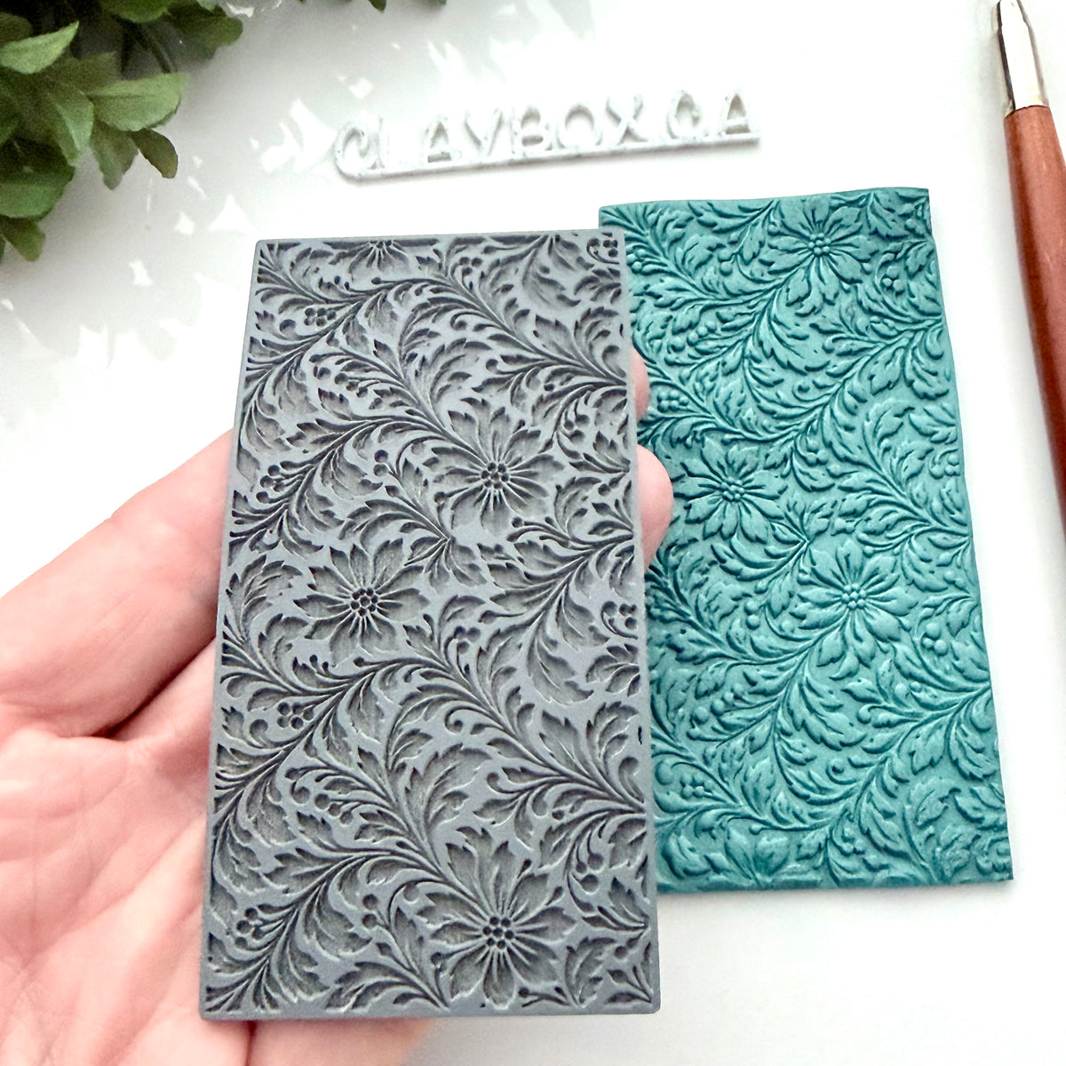 Vintage Floral Texture Mat – Polymer Clay Texture Stamp – 2 x 4 Inch Botanical Floral Pattern – Clay Embossing Tool