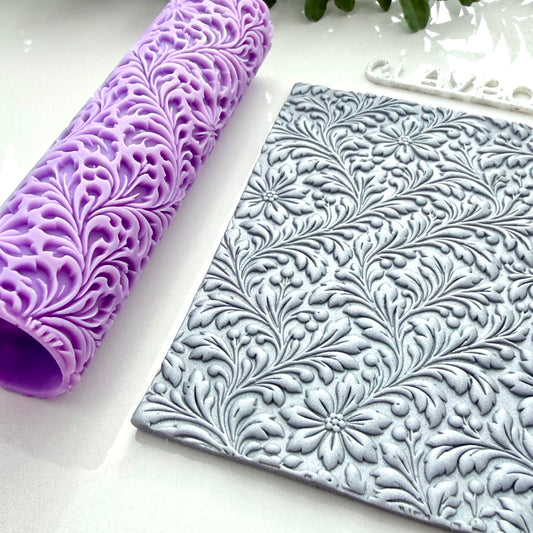 Vintage Floral Texture Roller - Polymer Clay Embossing Roller - Botanical Flower and Leaf Pattern- Clay Jewelry Making Tool