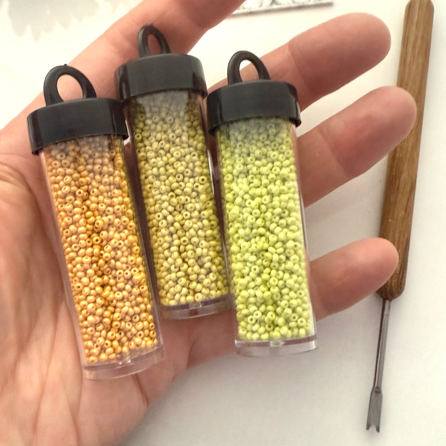 Mustard and Moss Bead Trio – Czech 11/0 Seed Beads in Yellow-Brown, Mustard, and Light Green – 3 x 20g Vials