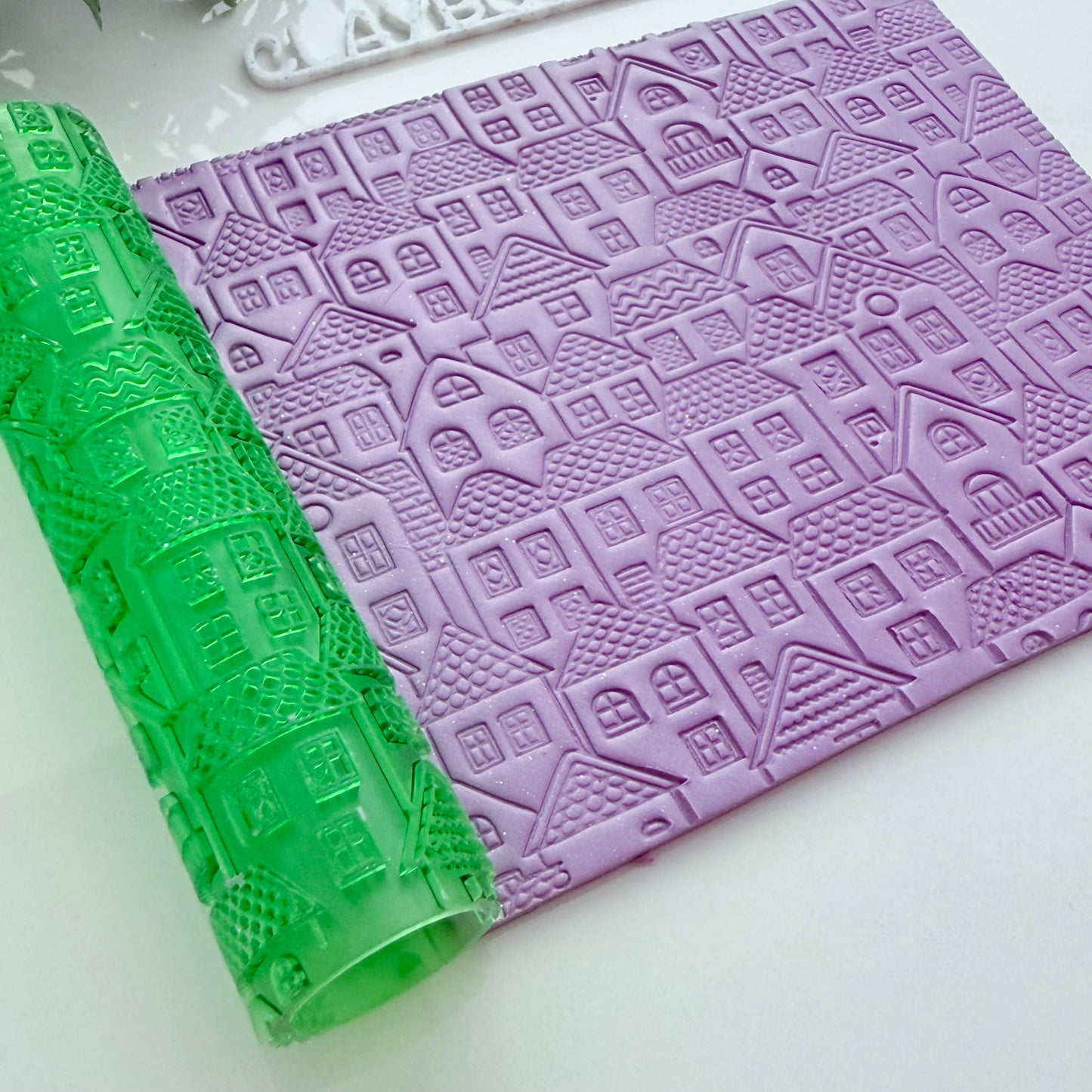 Townscape Texture Roller for Polymer Clay – 3D Printed Roller 4" x 1" with House and Roof Pattern