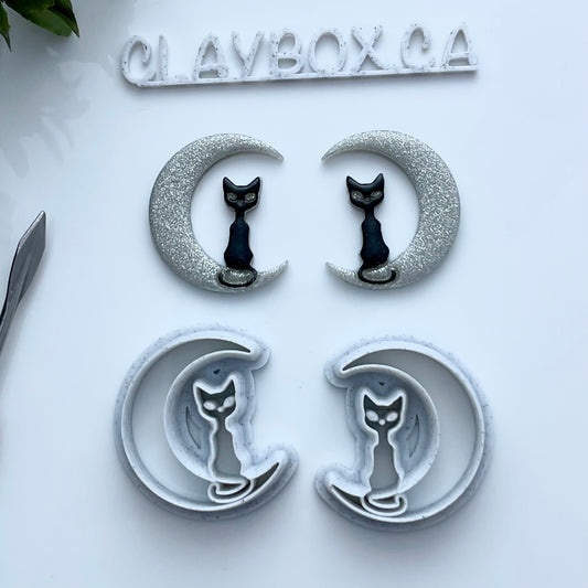 Cat on the Moon Cutter Pair – Polymer Clay Cutters – Left & Right Facing – 3D Printed with Stamp Detail