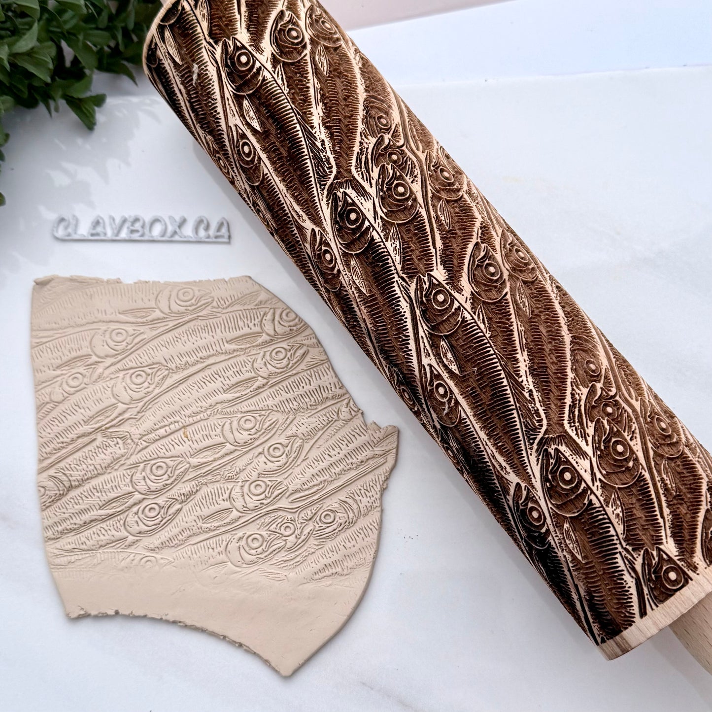 Sardines Texture Roller for Pottery & Clay | 10” Wooden Rolling Pin | Nautical Fish Pattern Ceramic Tool