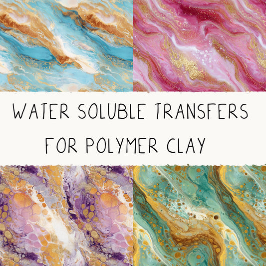 Marbled Image Transfers for Polymer Clay – Acrylic Pour Look - Set of 4 Water-Soluble Sheets for Polymer Clay