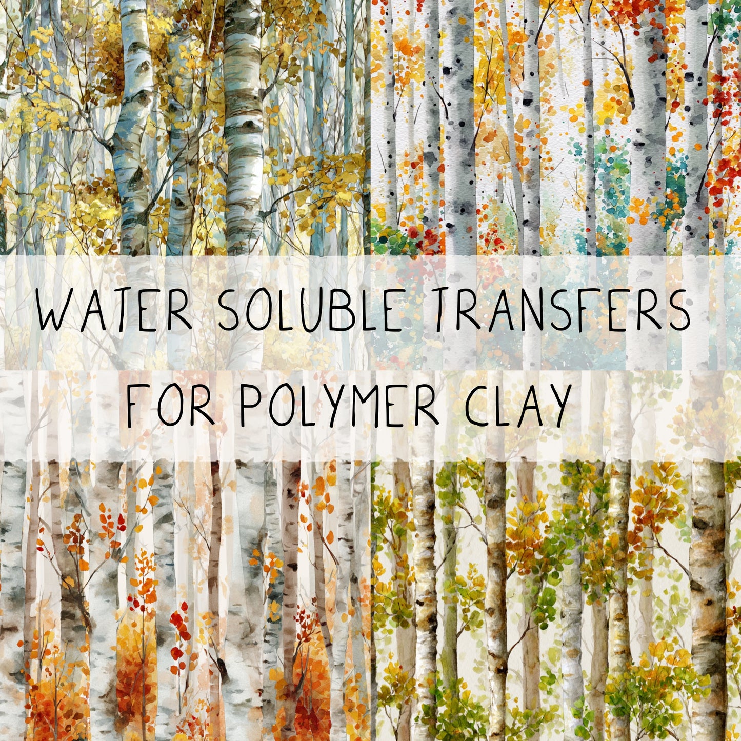 Birch Trees Transfers for Polymer Clay - Set of 4 Water-Soluble Sheets for Polymer Clay