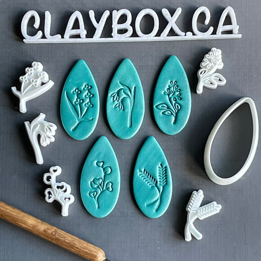 Botanical Polymer Clay Stamp & Cutter Set | 5 Floral Stamps + Matching Teardrop Cutter | Clay Tools