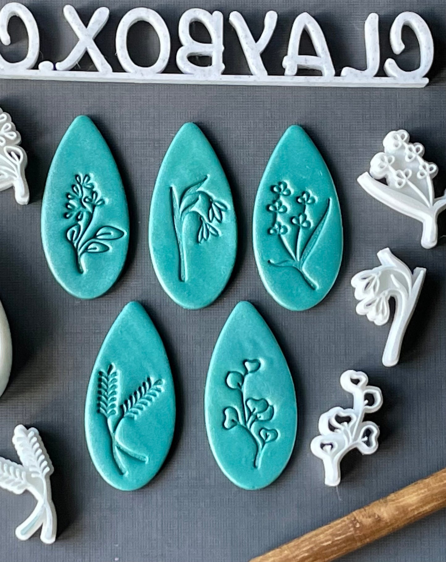 Botanical Polymer Clay Stamp & Cutter Set | 5 Floral Stamps + Matching Teardrop Cutter | Clay Tools