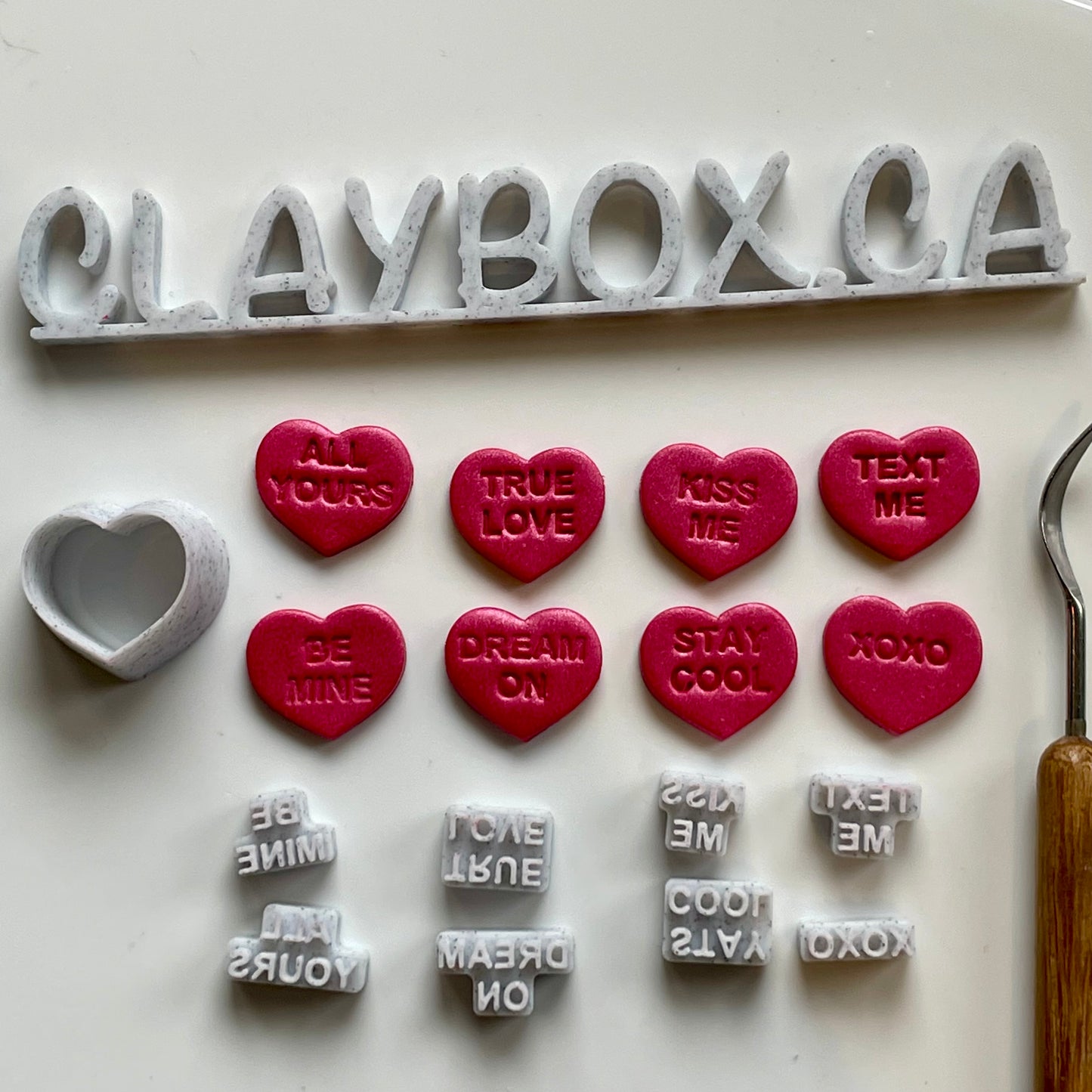 Word heart stamp set with matching cutter - made for use with polymer clay